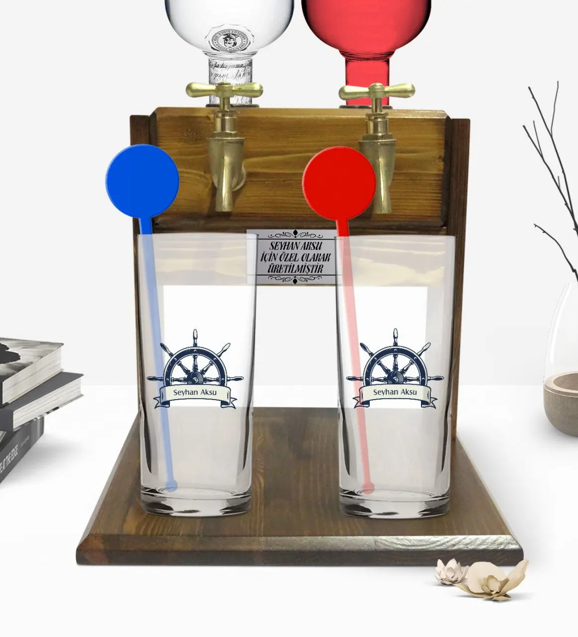 

Personalized Colorful Printed Rudder Figured Dual Vodka Cup and Double Tap Natural Wood Vodka Standı-1