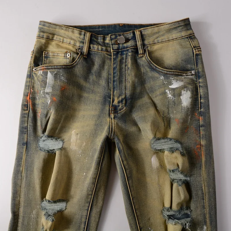 Retro Quality Luxury Brand Distressed Baggy Jeans Trousers Men Ripped Holes Boyfriend Streetwear Denim Pants Free Shipping