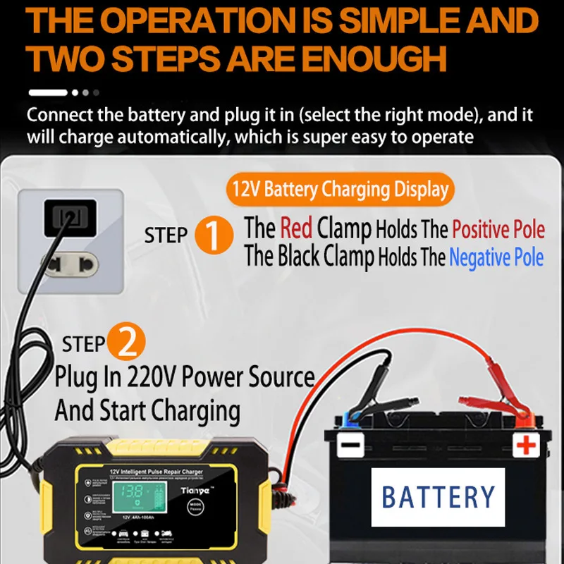 12V 6A Intelligent Car Motorcycle Battery Charger for Auto Moto Lead Acid AGM Gel VRLA Smart Charging Digital LCD Display |
