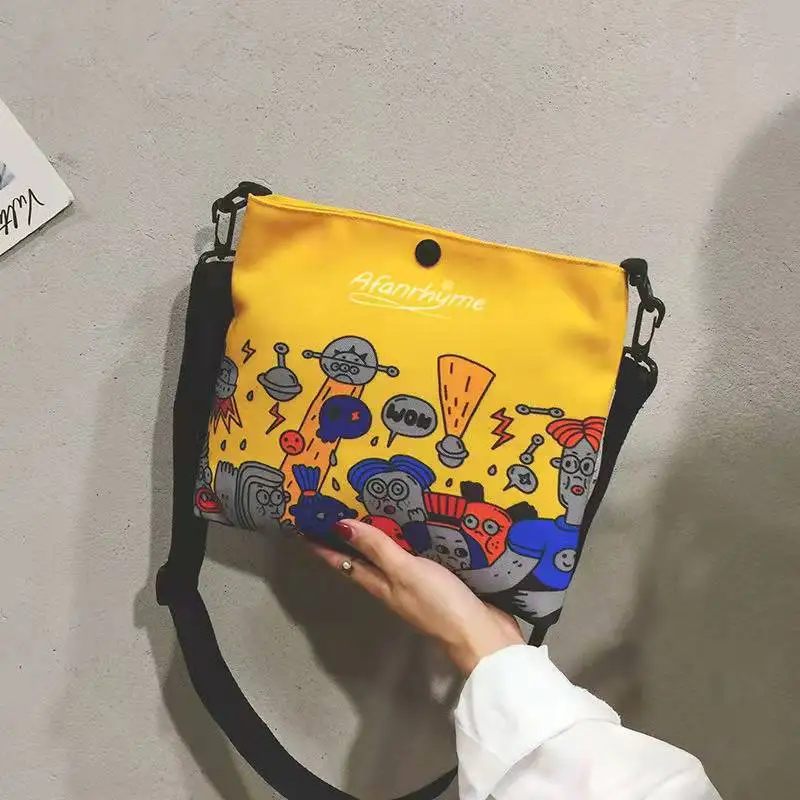 

Cartoon Painting Messenger Bags For Women Cute Design Square 2021 Autumn Winter All-Match Casual Cross-Body Canvas Shoulder Bags
