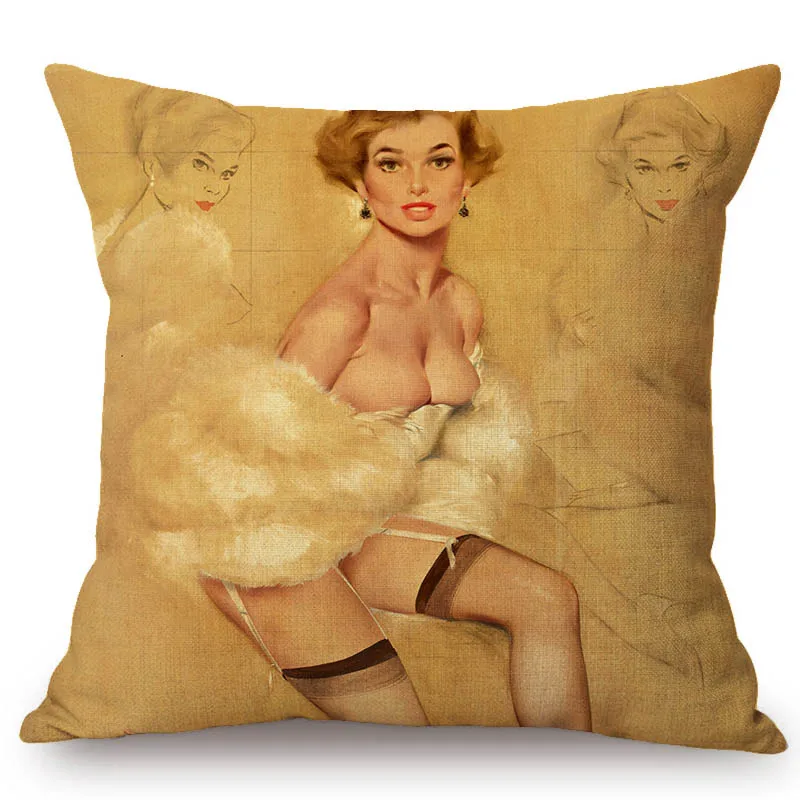 Sexy Pajamas Girl Beauty Hand Drawn Sketch Lady Tempting Charming Woman Cotton Linen Cushion Cover Car Pillow Sofa Pillow Case