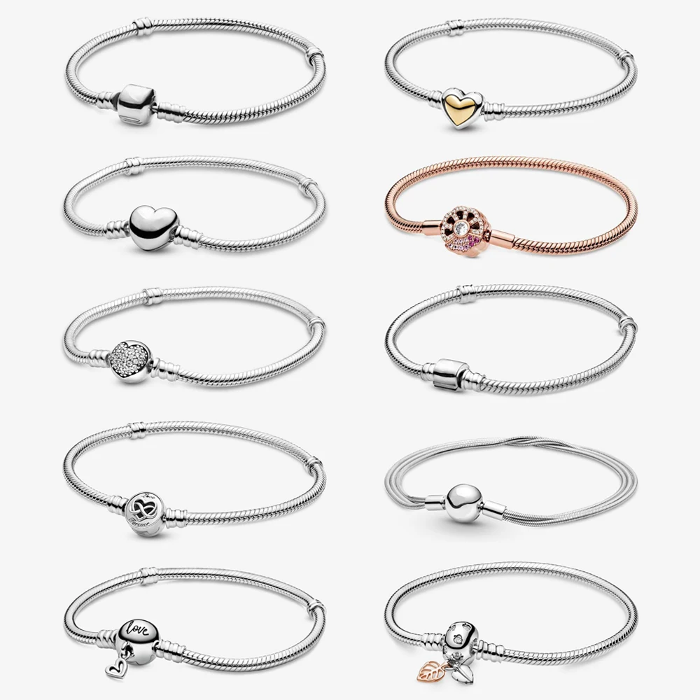 

925 Sterling Silver Charm Bead Bracelet For Women Original Rose Gold Charms Heart Bracelets Bangles Snake Chain Diy Jewelry