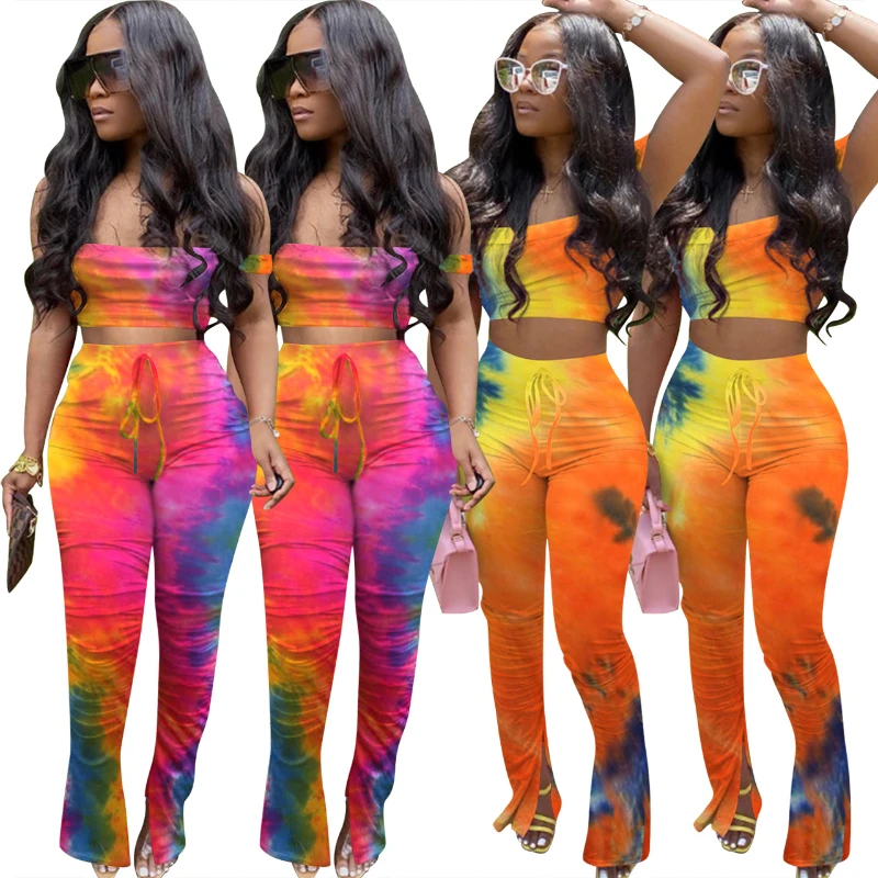 

Tie Dye Off Shoulder Bodycon Suit Women Sleeveless Crop Top Drawstring Flared Pant Two Piece Set Sexy Night Club Outfits Clothes