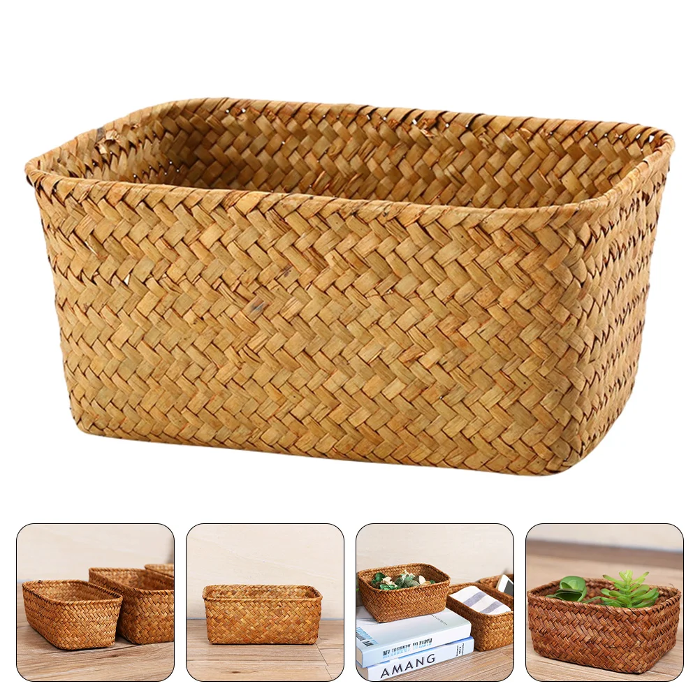 

Woven Storage Basket Weave Sundries Baskets Lids Living Room Organizing Seaweed Small Box Organizer Garbage Can