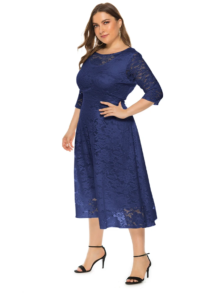 2022 Casual Street For Summer Women Sexy Party Lace Dresses Plus Size Women Clothing Solid Color Fashion O Neck Evening ress