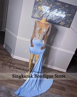 sexy blue short prom dress 2022 for black girls velvet beads rhinestone graduation dress sheer neck party gown robe de bal