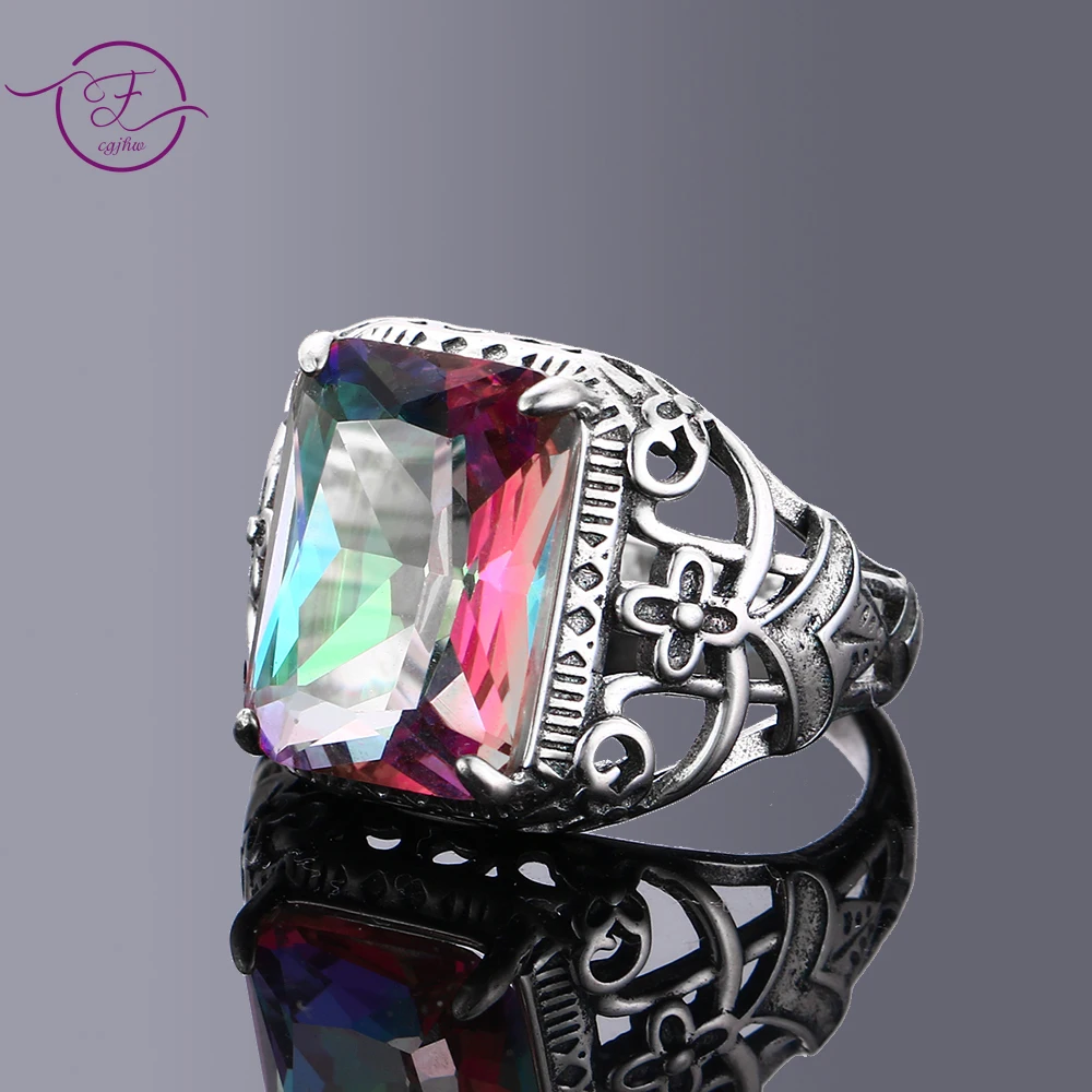 

Mystic Topaz Silver Rings for Women Hollow Out Design Zircon Fine Jewelry Bridal Wedding Engagement Ring Accessory Gift