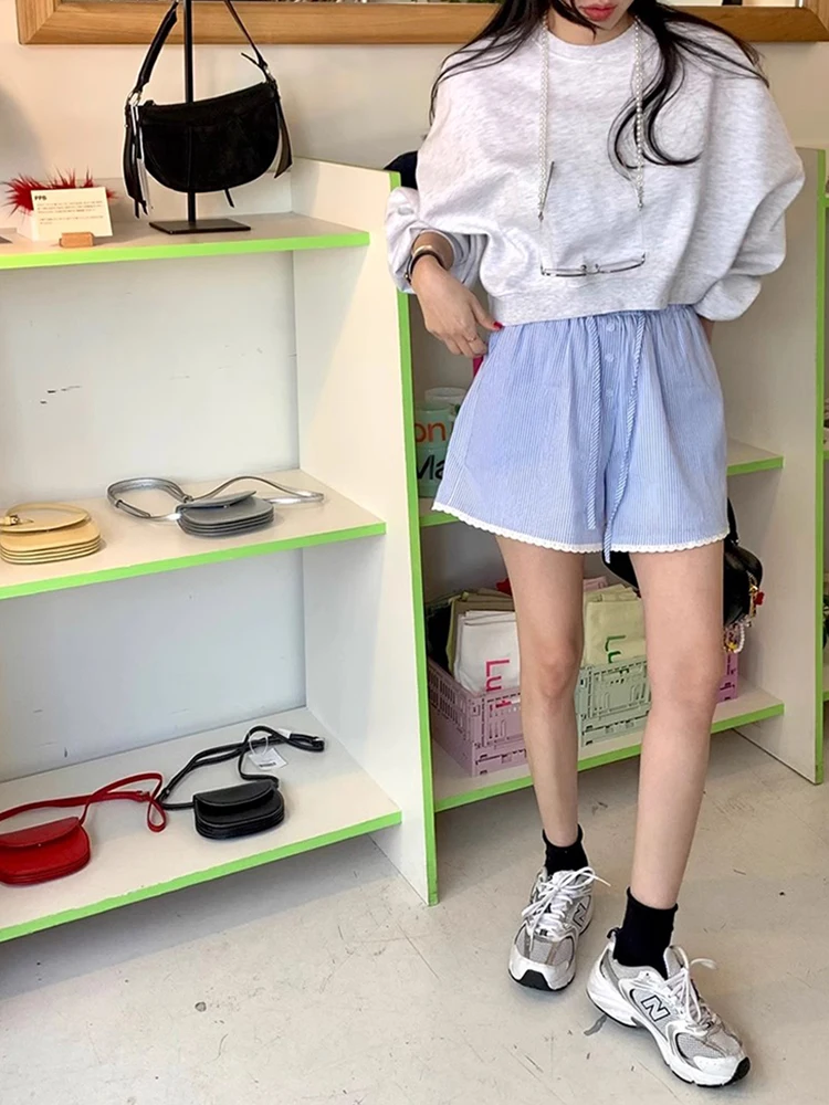 Летние шорты Korobov из Южной Кореи винтажные со шнуровкой и высокой талией широкими