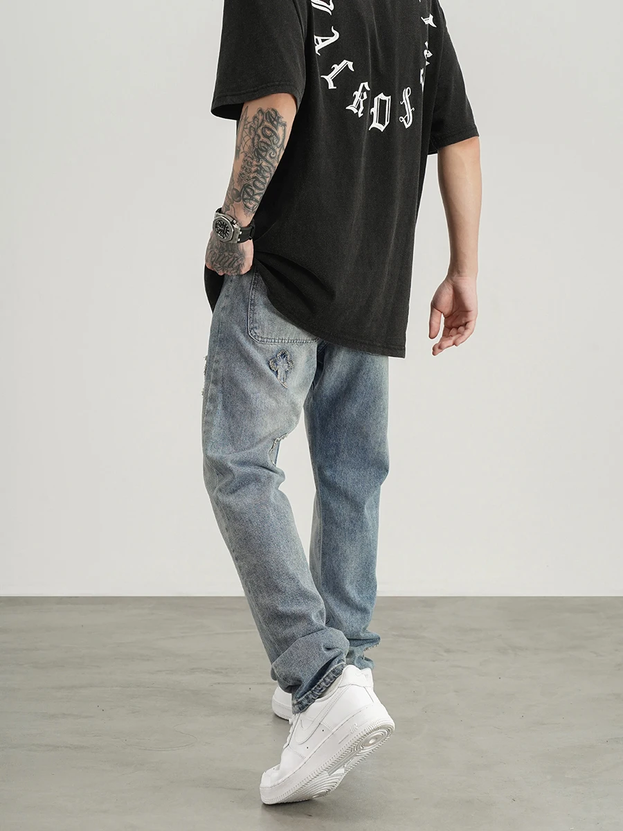 Men's Jeans Four Seasons Cross Embroidery Straight Loose Pants Men's and Women's Streetwear Ins Hot Sale Y2k Men's Jeans JEANS