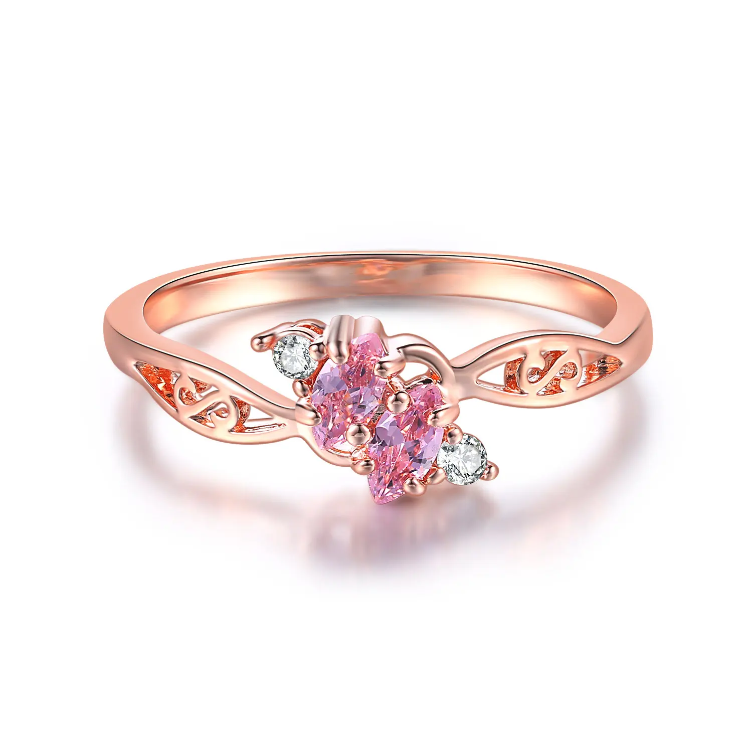 Delicate Pink Crystal Dainty Rings for Women Hollow Out Rose Gold Color CZ Princess Promise Dating Ring Fashion Jewelry R671