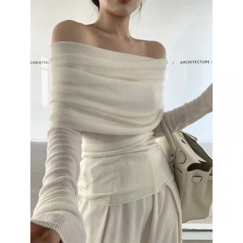 

French Off Shoulder Soft Knitted Top Women's Slim Off Shoulder Long Sleeve Sweater