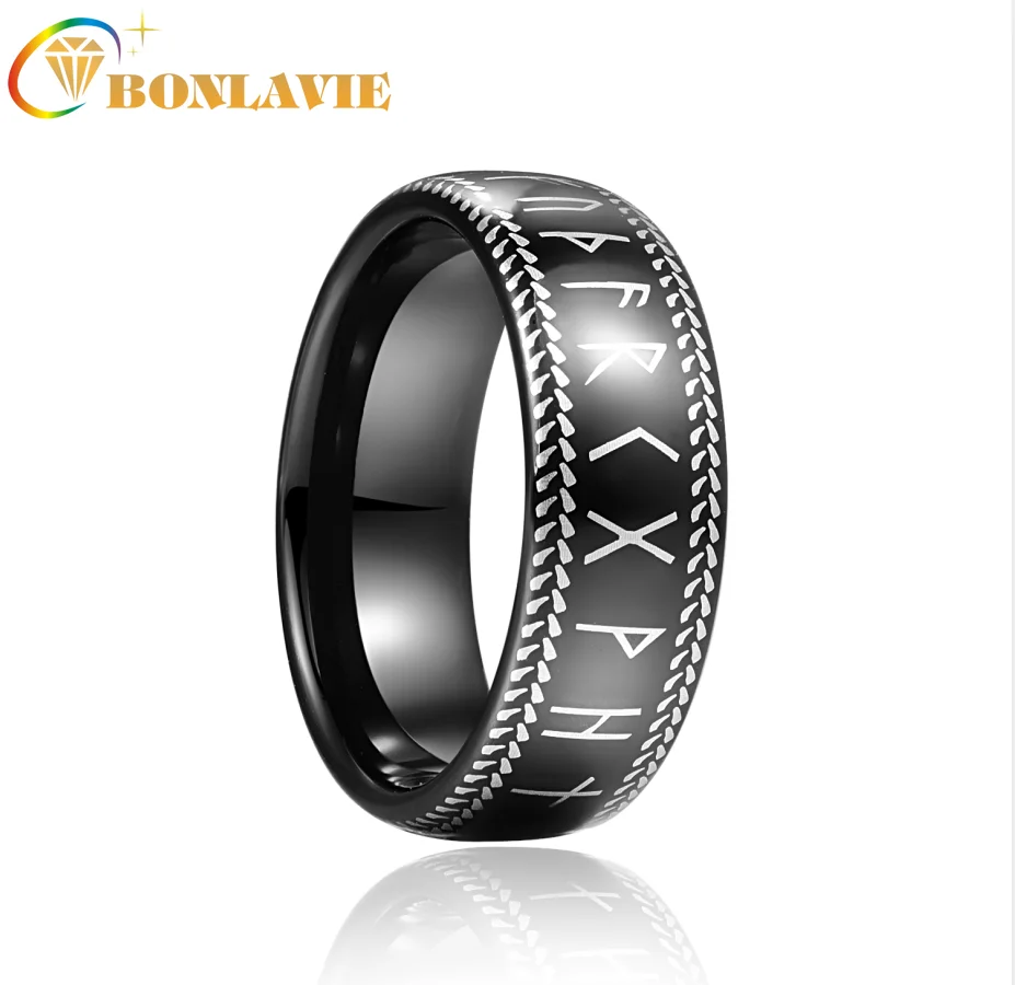 

BONLAVIE 8mm Black Laser Phoenician Lettering Tungsten Carbide Ring Wedding Band for Men Comfort Fit Rings Engagement Jewelry