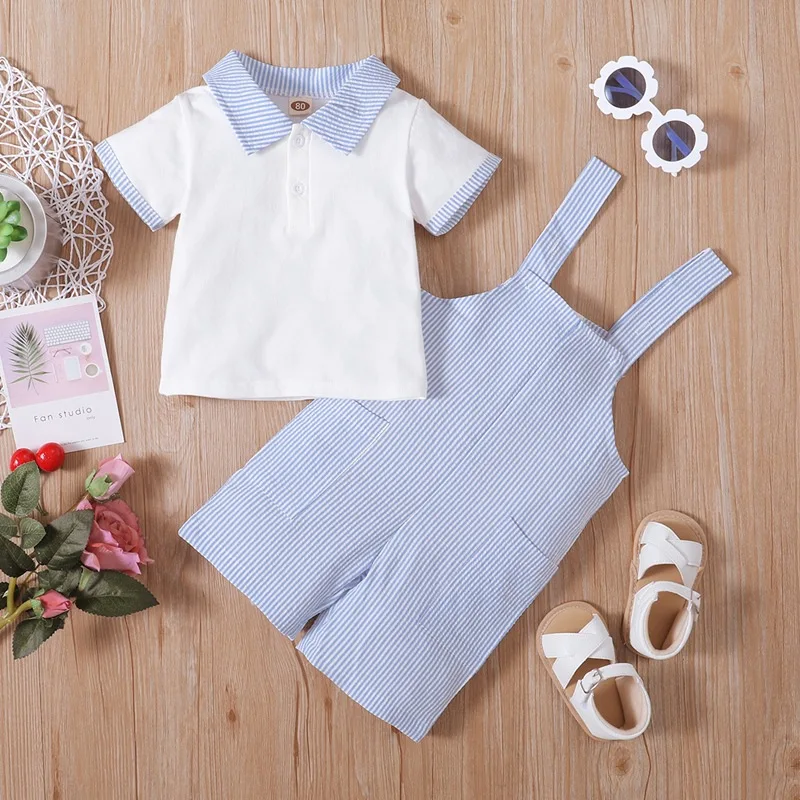 

Children Clothing Sets Baby Boy Clothes Toddler Solid Lapel T-shirt + Striped Suspender Pants 2pcs Set Infant Casual Outfits