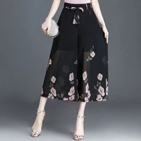 2022 new summer women cropped pants middle aged lady elastic waist wide leg pants loose casual floral printed baggy pants