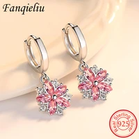 fanqieliu real 925 sterling silver drop earrings for women crystal pink vintage flower dangler jewelry wedding girl fql193219