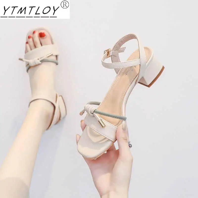 

2022 Summer Sexy Sandals Brown Women's Wooden Sole Shoelace Heel Women's Square Heel Summer High Heels Zapatos De Mujer