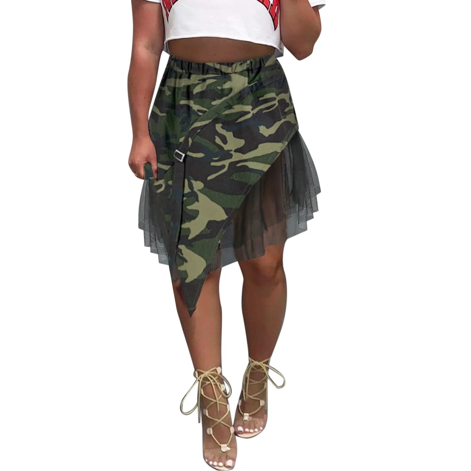 Женская Повседневная камуфляжная юбка с поясом разрезом Юбка До Колена