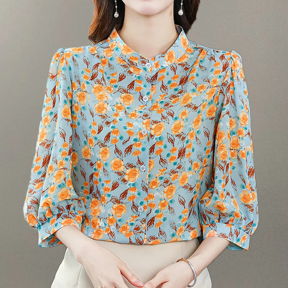 Fashion Flower Print Mom Shirts Women's Blouses 2023 Summer  3/4 Sleeve Loose Casual Shirts Tops Blusas Mujer Size M-4XL