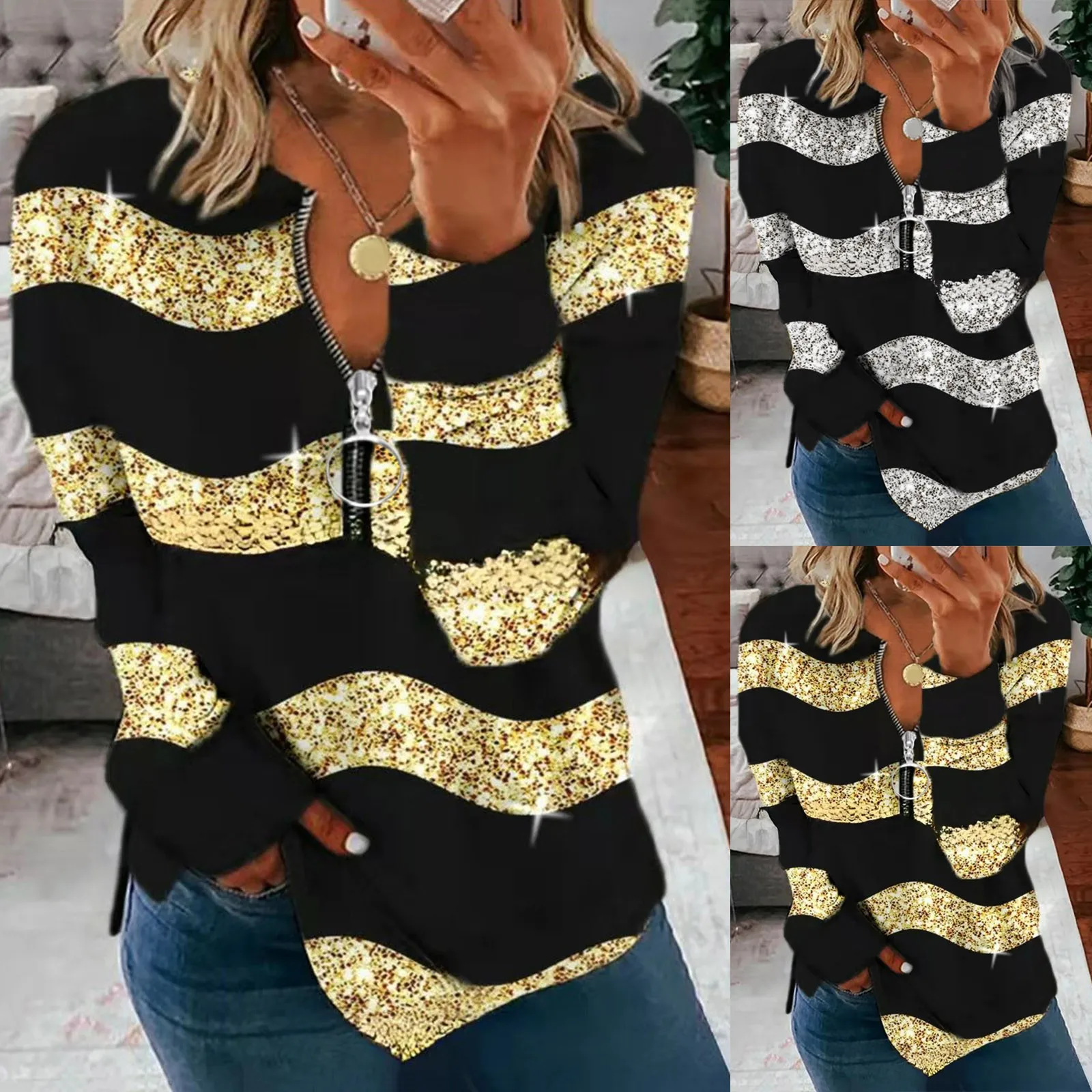 

Женская Повседневная Блузка на молнии с длинным рукавом и круглым вырезом