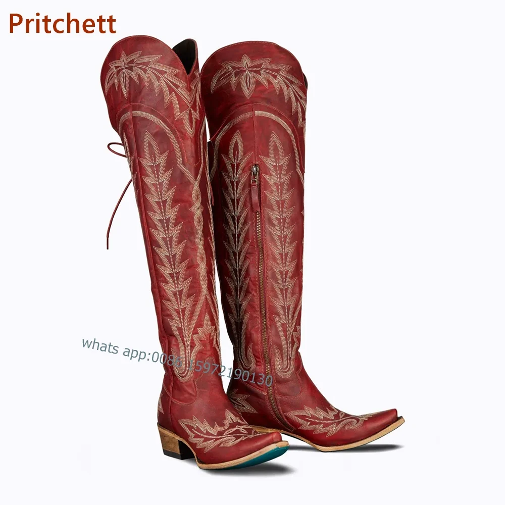 Женские ковбойские сапоги с принтом высокие до колена на квадратном каблуке
