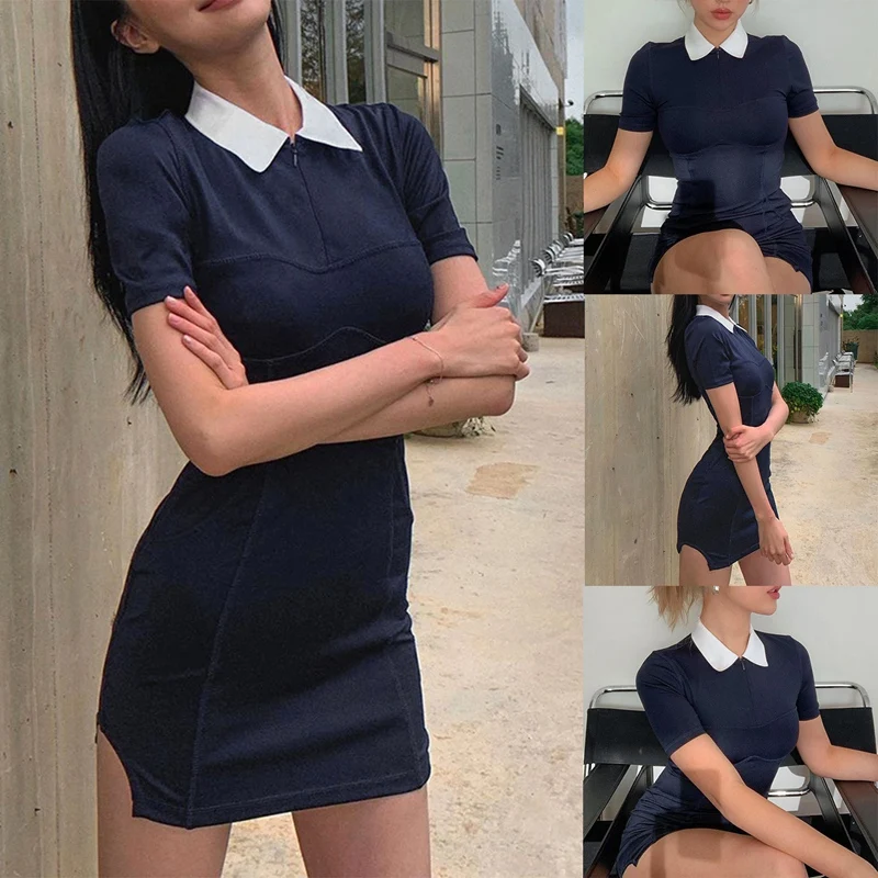 

Women's Lapel Bust Sexy Slim T-Shirt Fashion Color A-Line Skirt Blue
