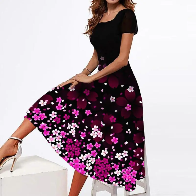 

Dresses For Women 2022 Fashion Square Neck Short Sleeve Mixed Color Party Dress Women Elegant Print Summer Dress