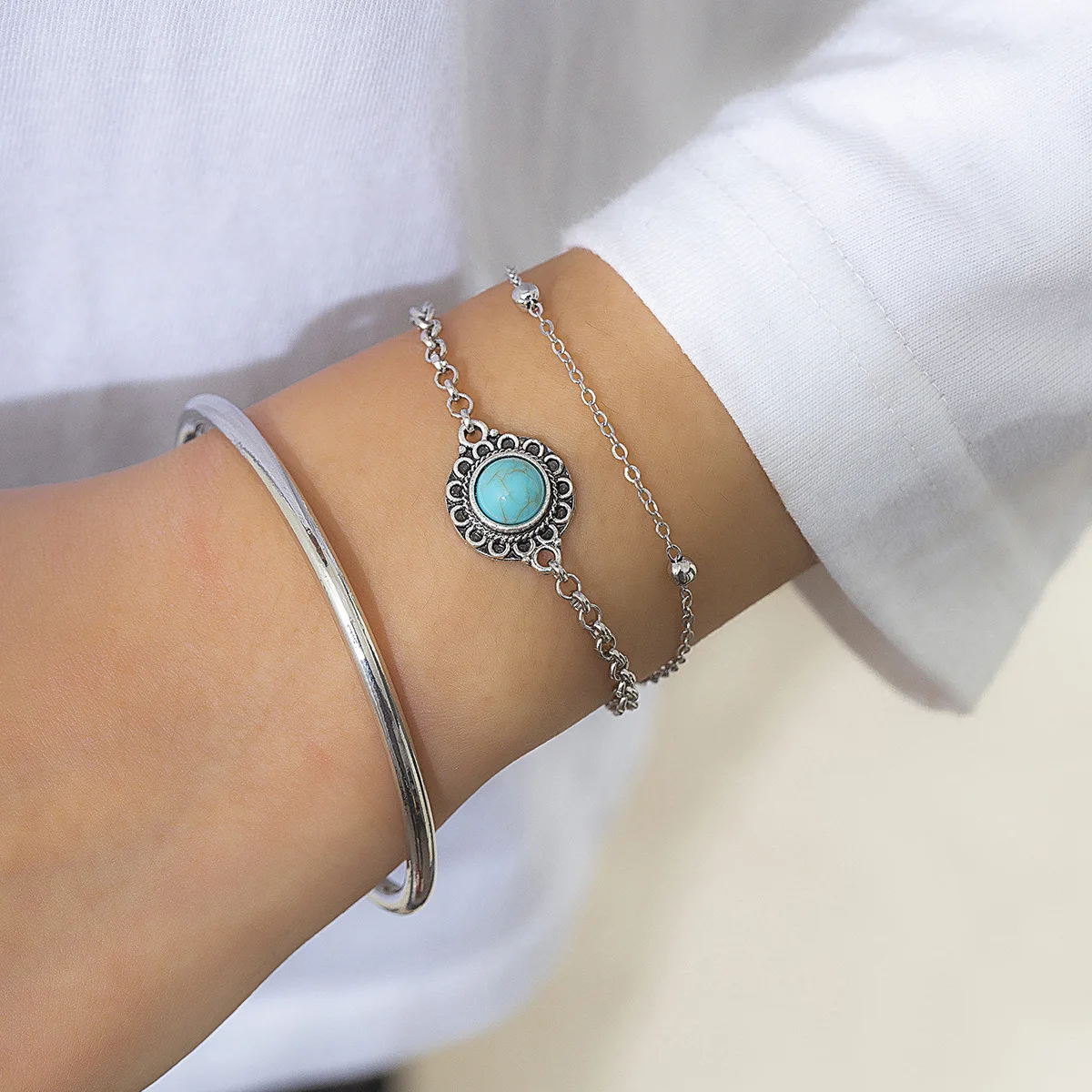 

Layers Gold Boho Natural Green Stone Beads Chains Bracelets Set For Women Female Metal Bangles Boho New Fashion Jewelry