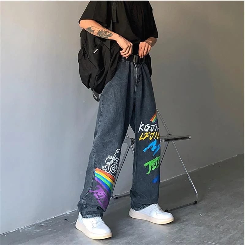 DEEPTOWN Loose Graffiti Jeans Men Straight Hip Hop Denim Pants Oversize Trousers Male Streetwear Korean Casual Plus 5XL Spring