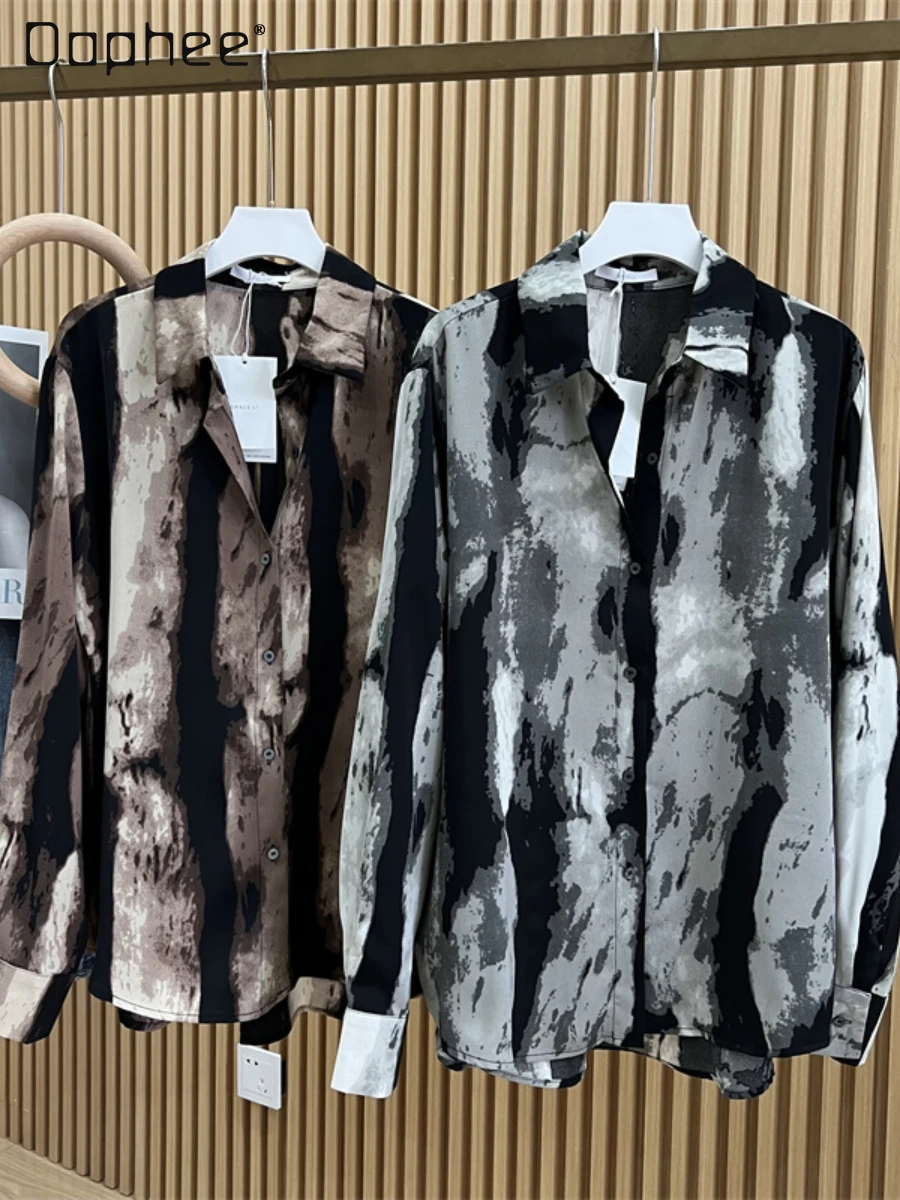 

Женская драпированная рубашка с длинным рукавом, чернильная рубашка с градиентным переходом цветов, блузка в винтажном стиле, осень 2022