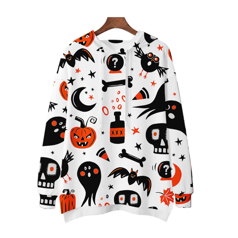 

Women Loose Long Sleeve Irregular Hem Pullover Hoodies Halloween Print Hooded Sweatshirt Tops Autumn Spring Casual Female Y2k
