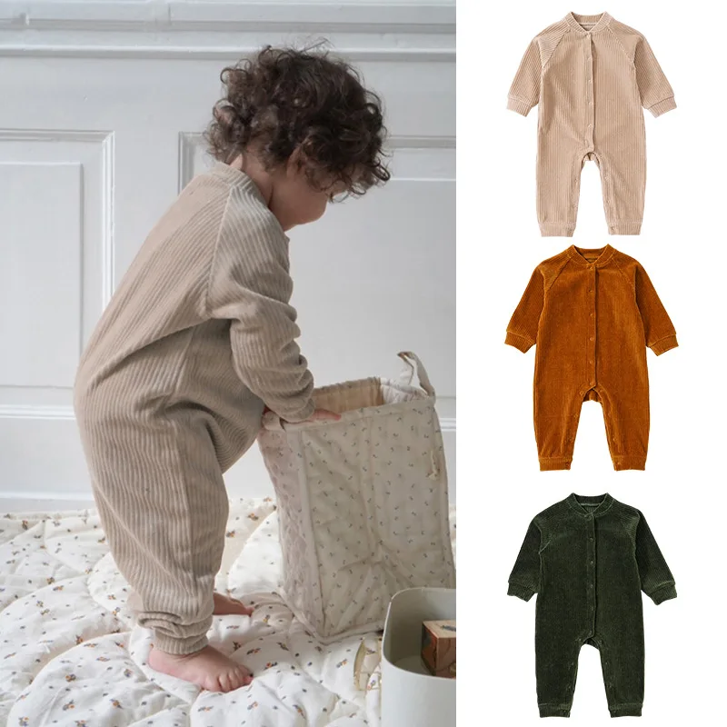 

2022 Newborn Baby Autumn Corduroy Long Sleeves Jumpsuit Boy Girl Solid Color Simple Romper Siamese Body Wear