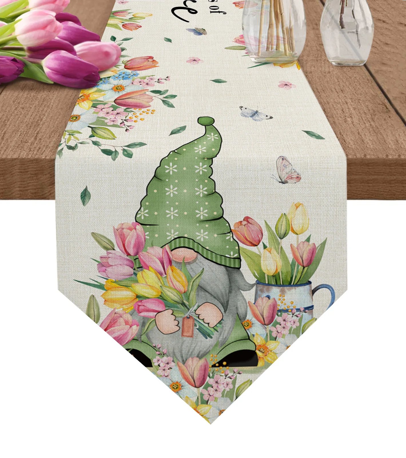 

Spring Tulip Flower Gnome Butterfly Table Runner Dinning Table Mat Wedding Party Tablecloth Easter Decoration Table Cover