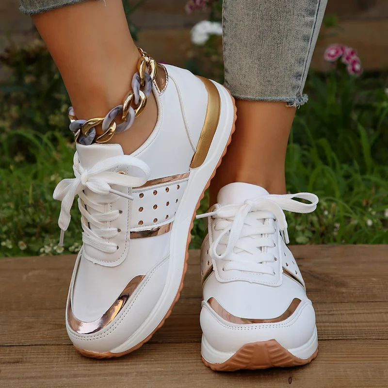 

Women New Leather Sneakers Fashion Stitching Vulcanized Shoes Comfortable Outdoor Walking Lace Up Tennis Shoes Zapatos Mujer