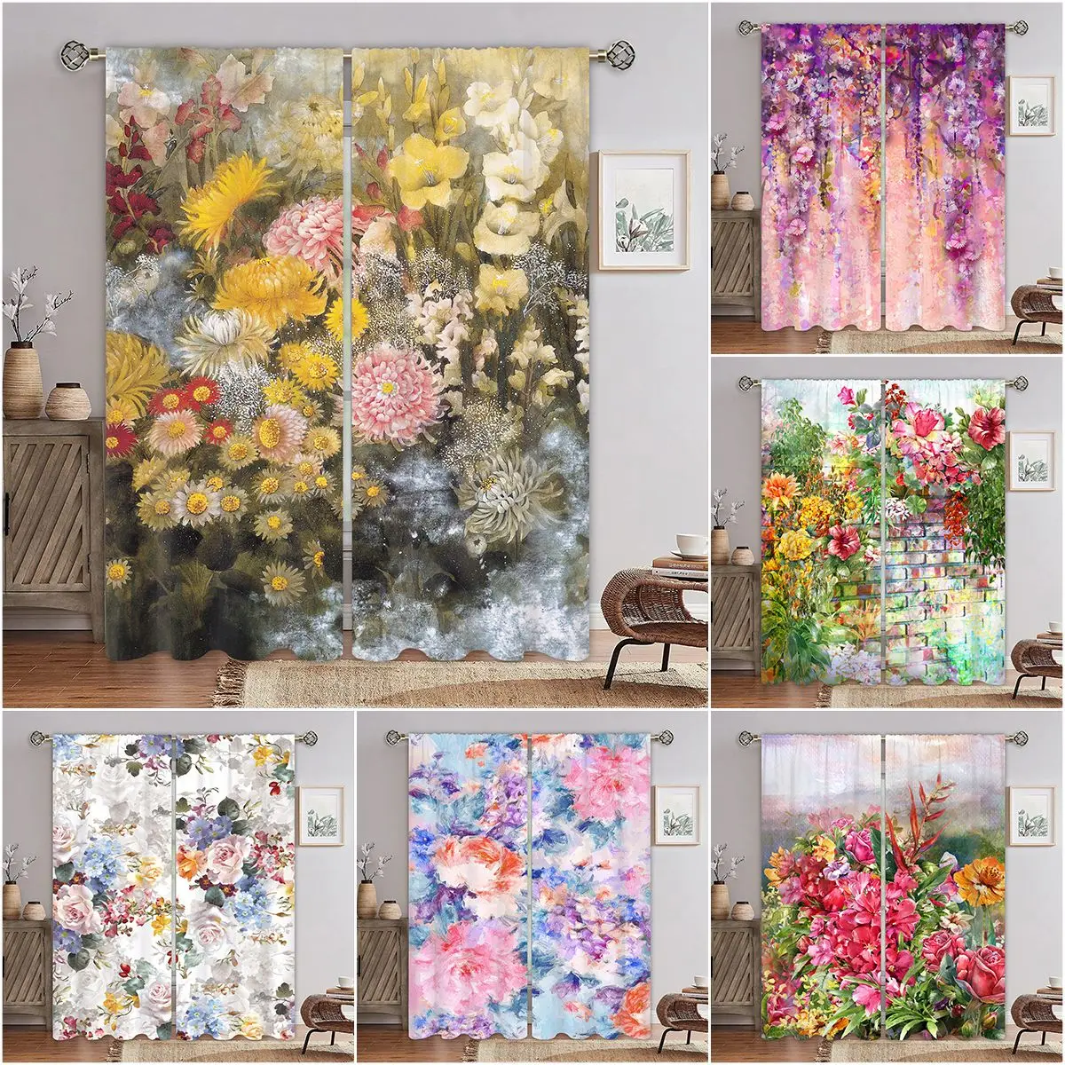 

Oil painting flower design Window Curtains Luxury Curtains for Living Room Bedroom Curtains Printed Valance Drapes