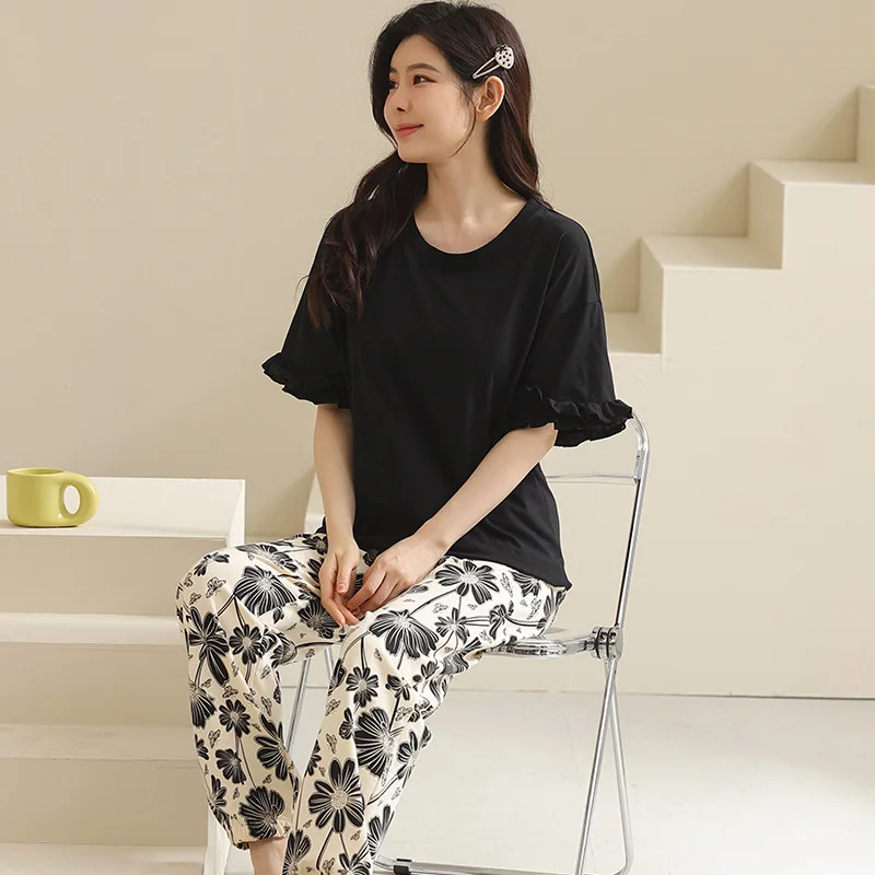 Yasuk Summer New Fashion Women's Casual Cotton Pullover Lovely Sleepwear Pajamas With Shorts Pants Flower Ruffle Sleeve Soft
