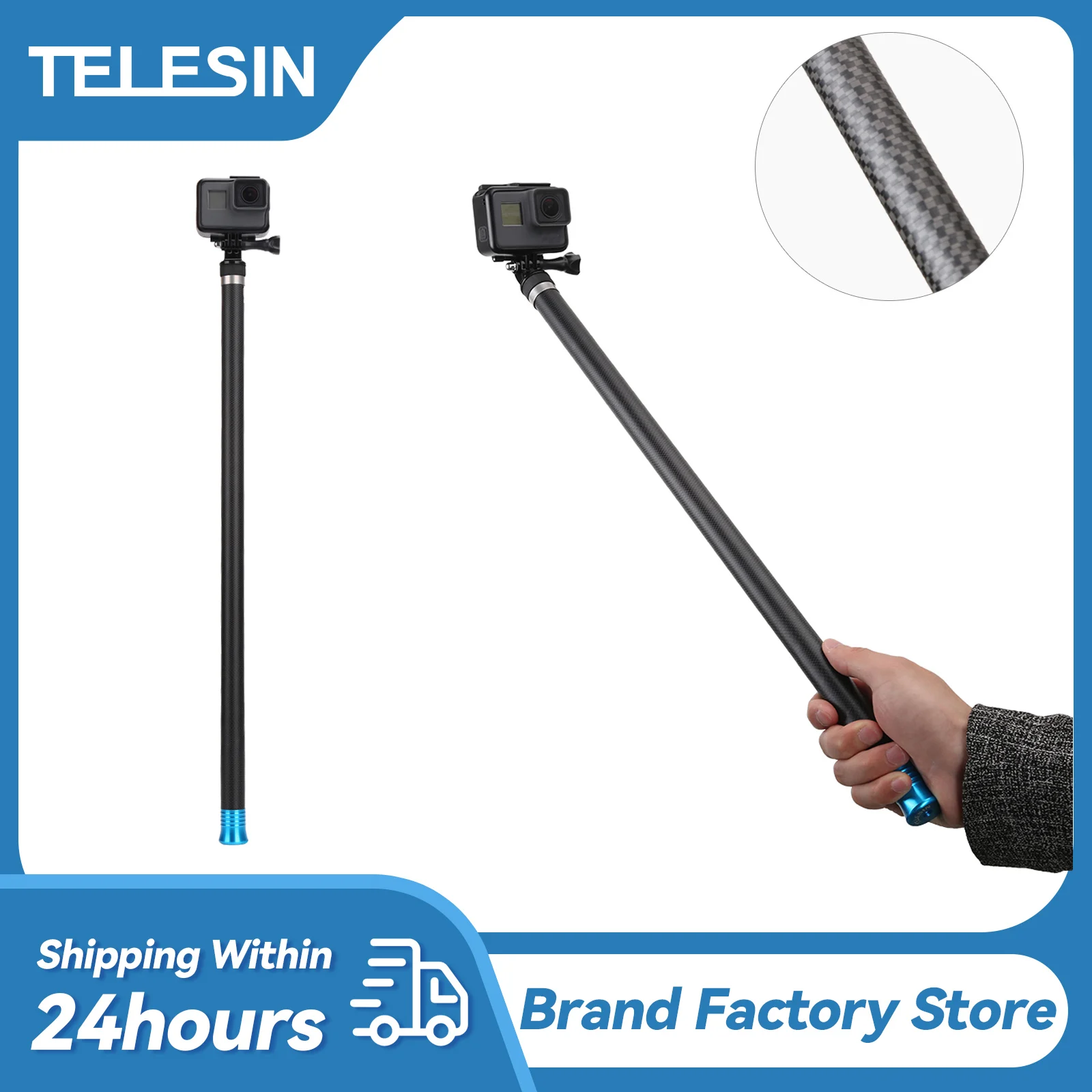 TELESIN 2.7m 3m Long Carbon Fiber Monopod Selfie Stick For GoPro Hero 10 9 8 7 6 5 DJI Osmo Action 2 Insta360 Yi  Accessories