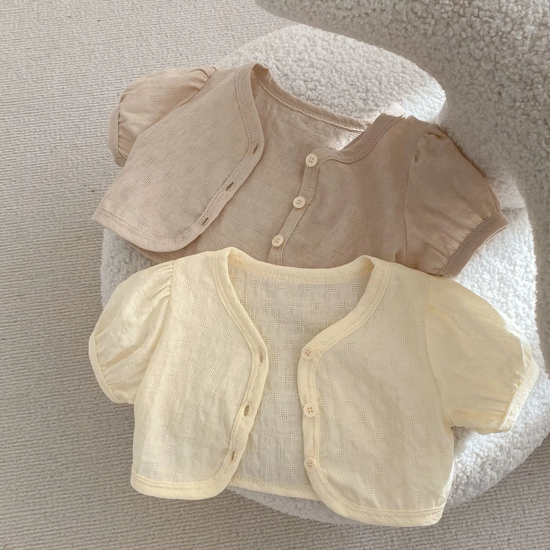 2023 Summer New Baby Girl Short Sleeve Cardigan Thin Cotton Infant Puff Sleeve Coat Toddler Girl Short Jacket Kids Cardigan