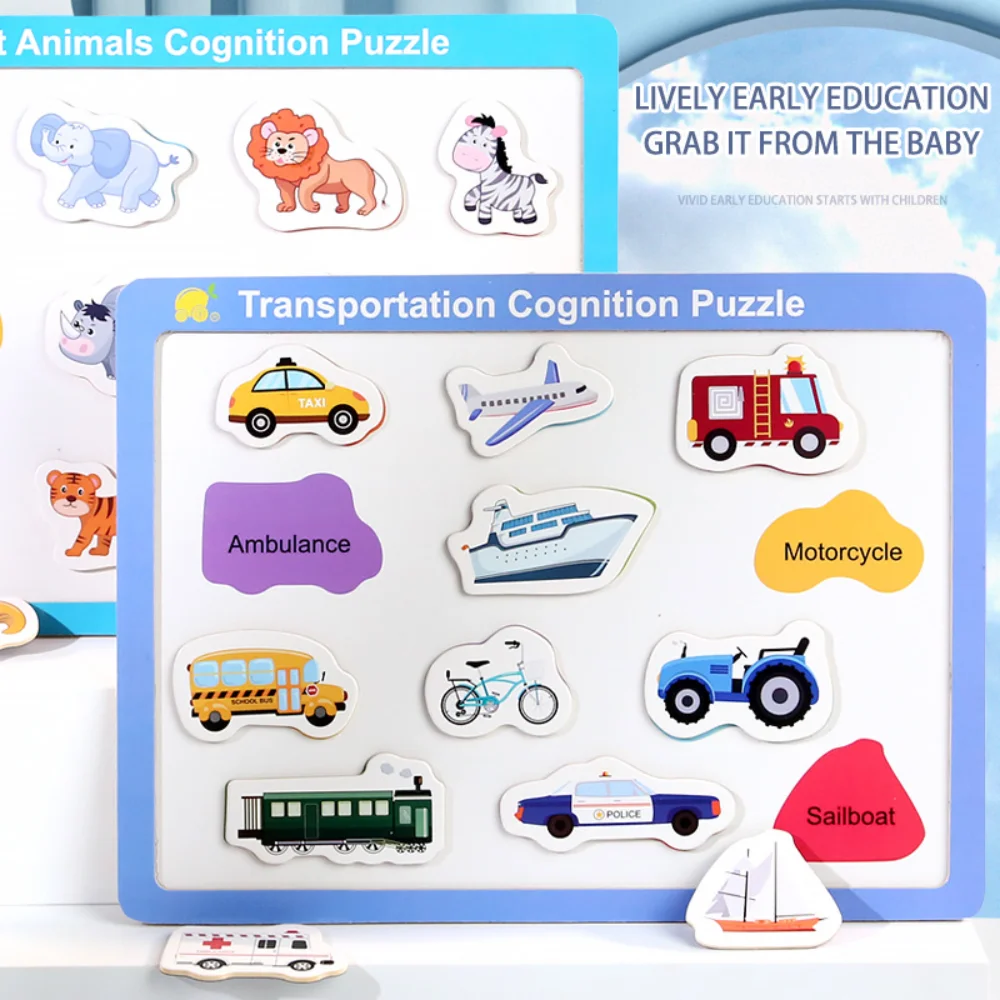 

Montessori Wooden English Word Matching Jigsaw Puzzle Animal Traffic Cognitive Toy Children Early Education Puzzle for Kids Gift