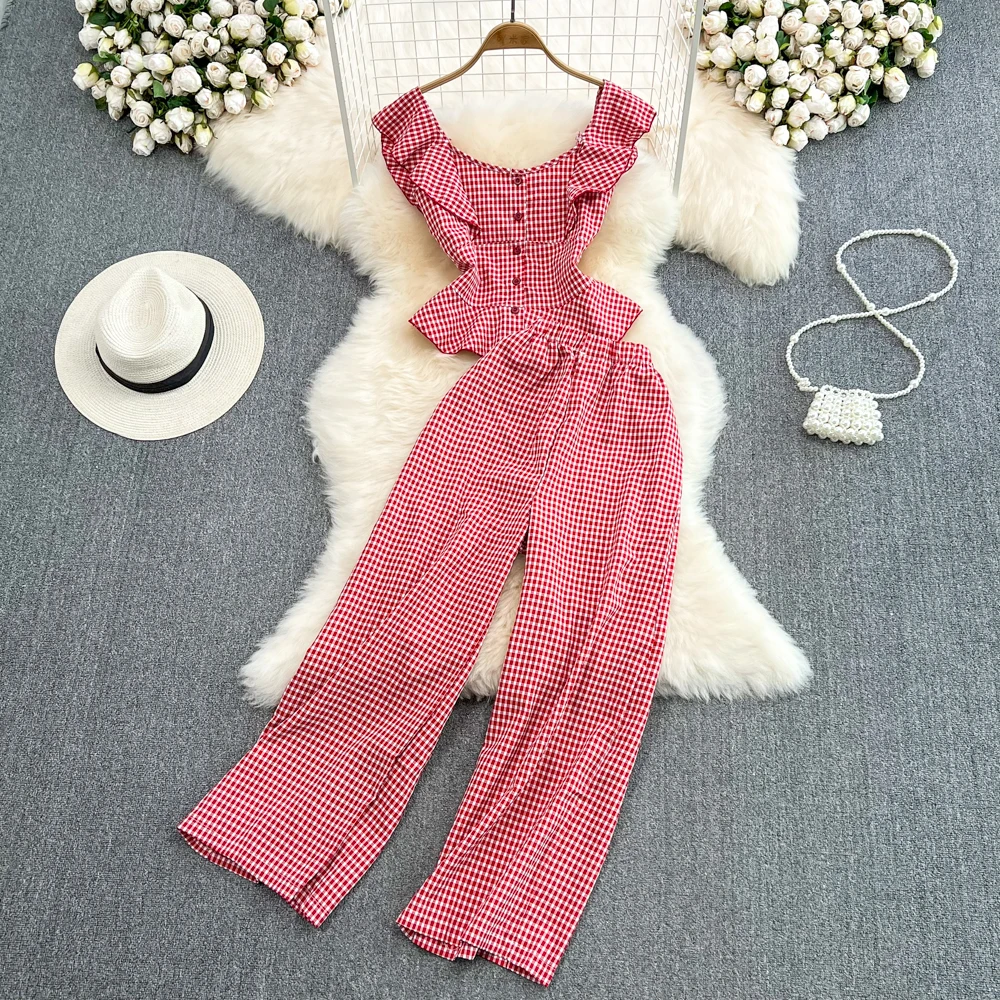 

Модный женский комплект с квадратным воротником, гофрированная Талия, тонкий короткий топ, Повседневная Высокая талия, клетчатые прямые широкие брюки