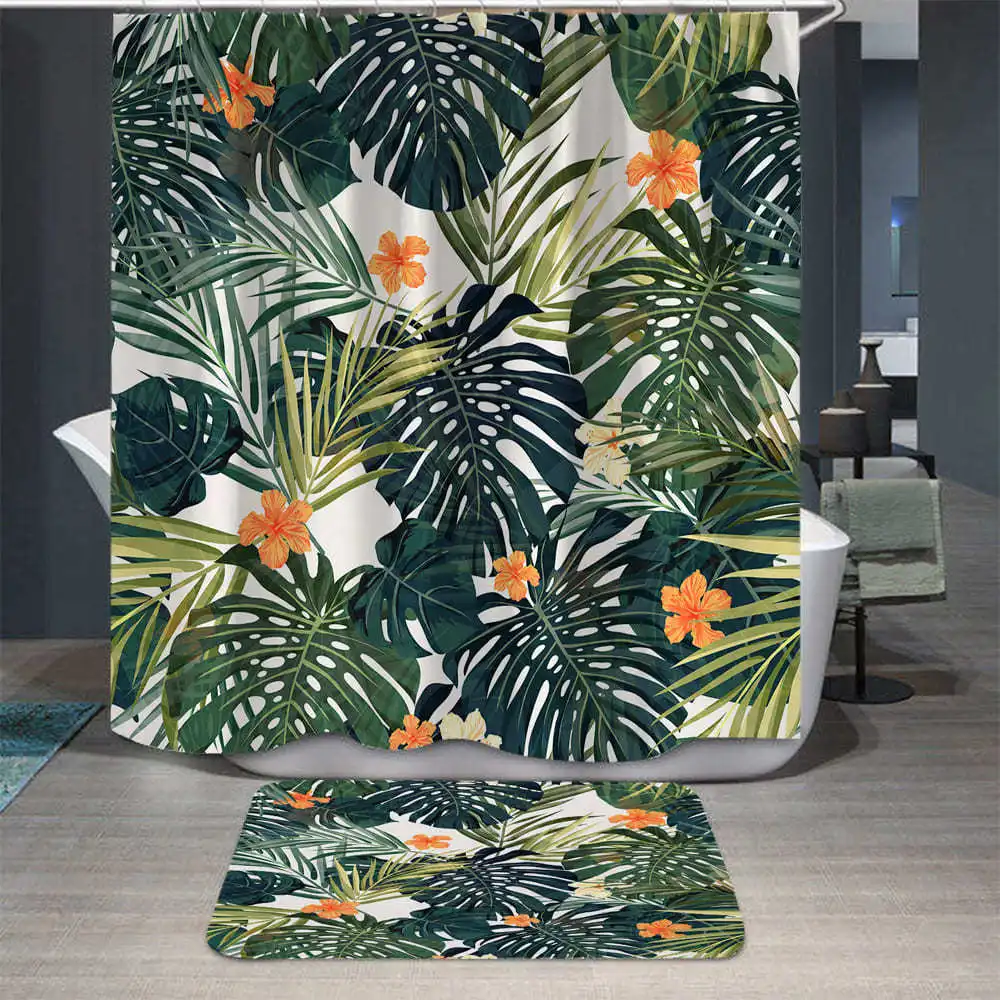 

180X180CM Tropical Green Plant Leaf Palm Cactus Shower Curtains Waterproof Bathroom Curtain Bathroom Curtain with Hooks