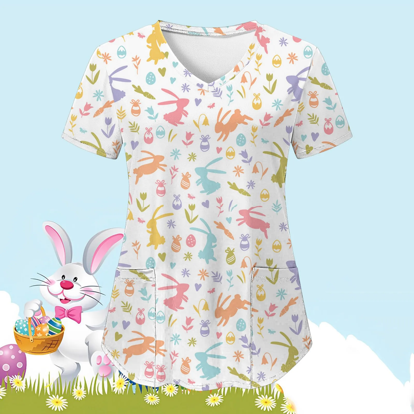 

Easter Nurse Uniform Womens Cartoon Rabbit Print Nurse Working Blouse Pockets Tunic Medical Healthcare Carer Scrubs Workwear