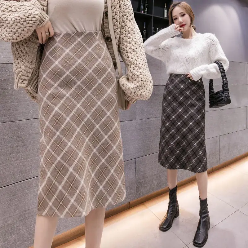 

Autumn Winter New Ladies Plaid Woolen Skirt Fashion Design Mid-length Thickened Warm High Waist Sexy Bag Hip Skirt Casual Skirt