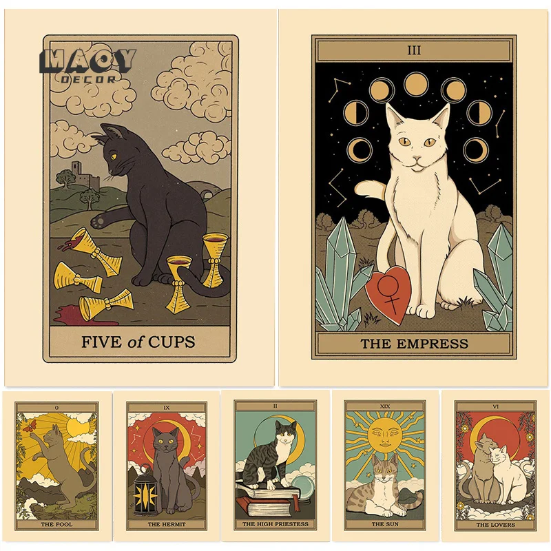 

Lovers Tarot Wall Art Pictures Kraft Paper Nordic Abstract Sun Star Empress Cat Posters Prints Living Room Home Decor Painting