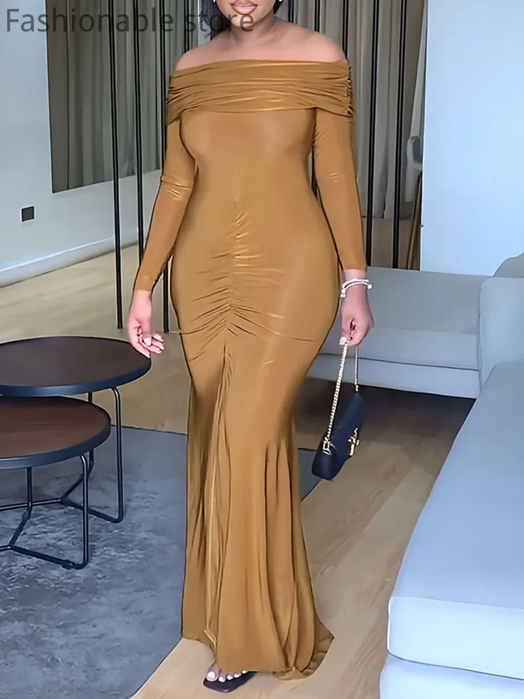 

Off Shoulder Bandeau Ruched Backless Long Sleeve Split Evening Party Dress
