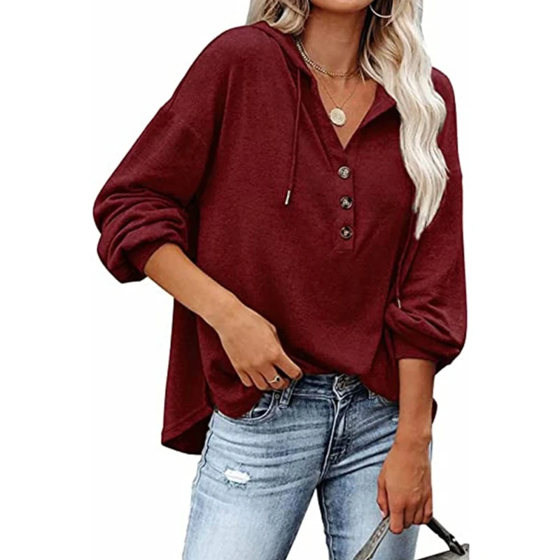 

Женская однотонная толстовка с капюшоном, осенняя Повседневная Свободная Толстовка на пуговицах с V-образным вырезом и кулиской