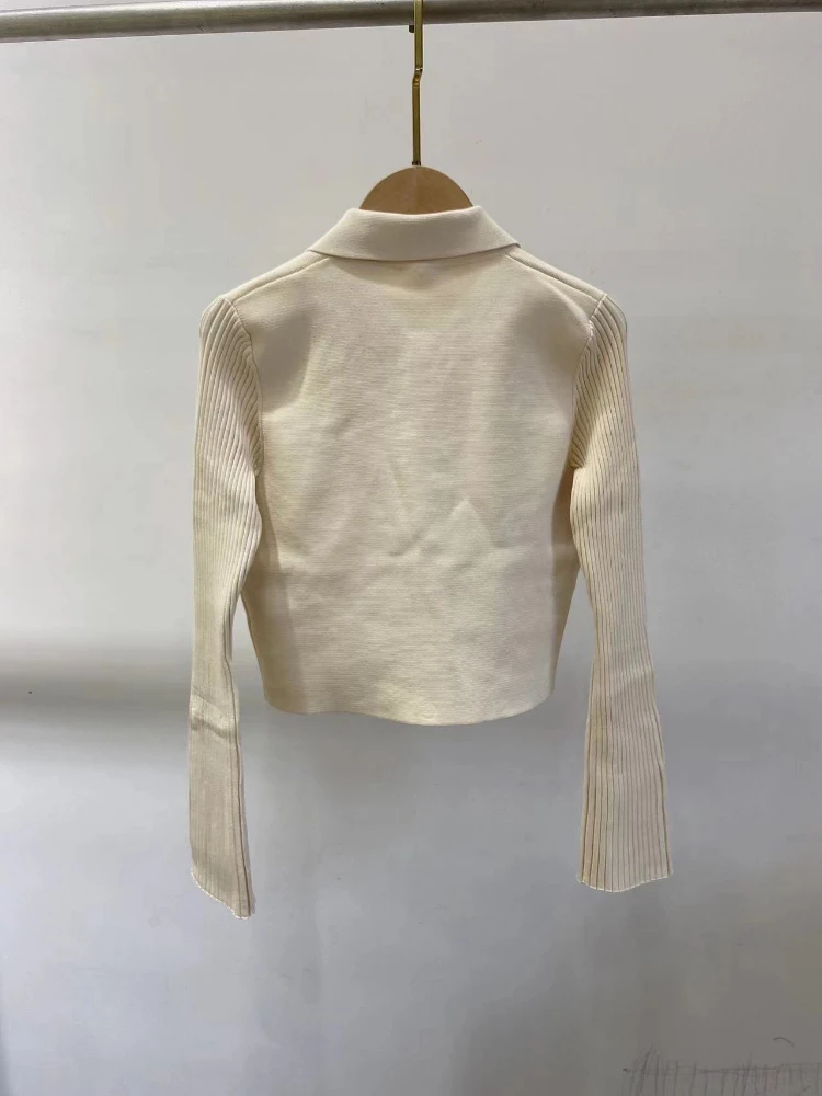 2022 Autumn New Sandr Metal Ring Lapels Beige Rib Knitting Cardigan Jacket Single-breasted Women Sweater Coat