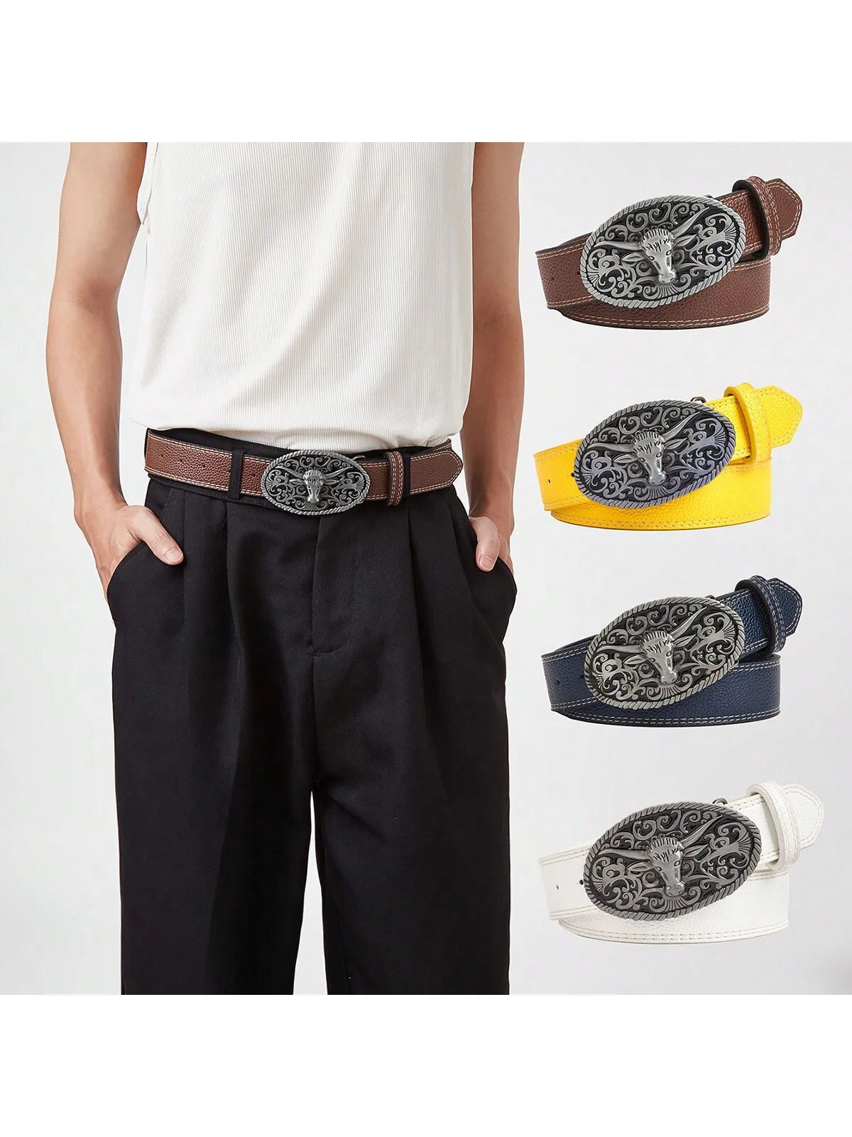 Модный Мужской Серый Ремень С 3D Тиснением Головы Быка Металлическая Круглая