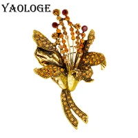 yaologe new rhinestone crystal bouquet flower brooches for women gold silver color girls bag decoration pins badge jewelry gift