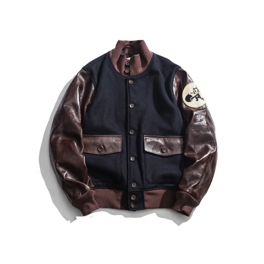 

Мужская куртка Бомбер кожаный рукав узкое Короткое шерстяное зимнее пальто оригинальный бренд винтажная военная одежда