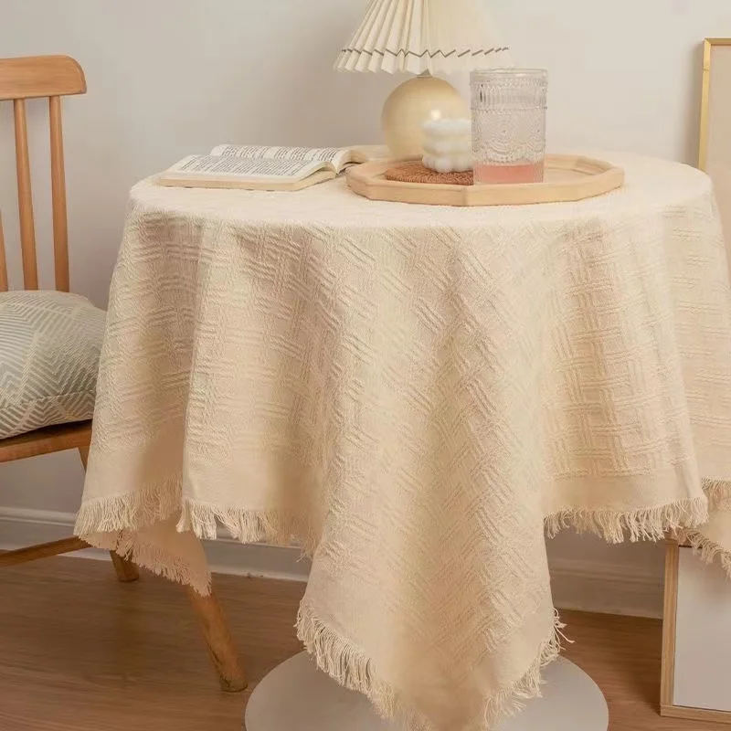 

Beige retro knitted long tea table, dining table cover, sofa, simple and high-end birthday decoration BNDAN335